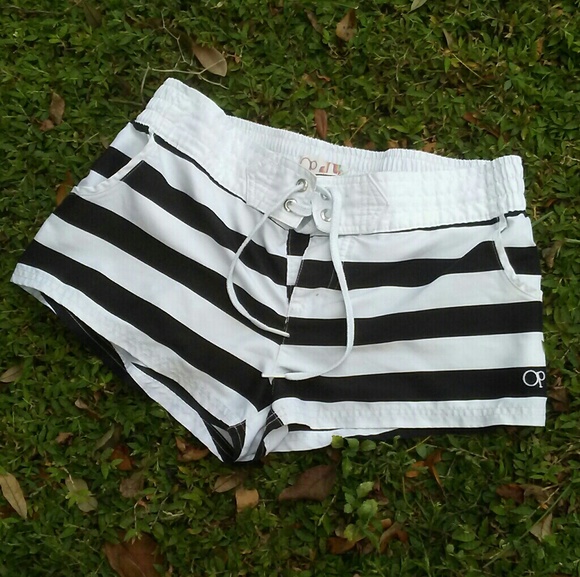 OP Pants - OP Sailor Striped Black & White Swim Board Shorts